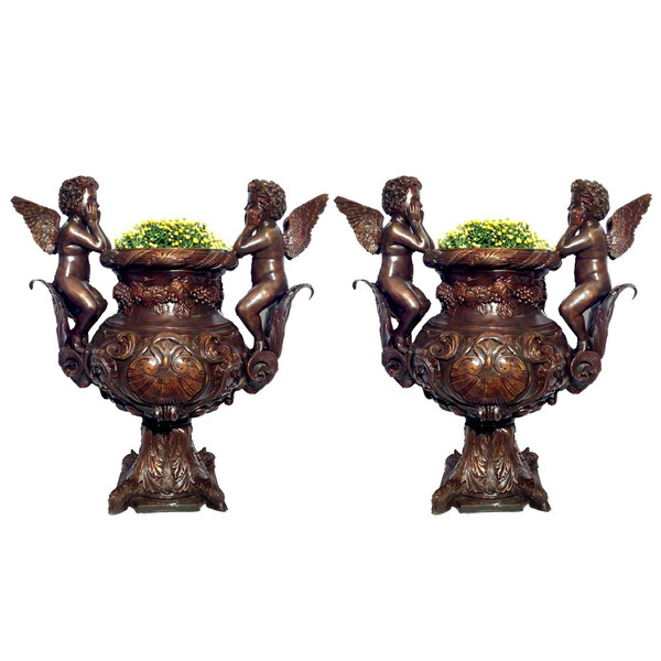 Cupid Urn Set Bronze Statues Grand Estate Vases Cherubs Sculptural
